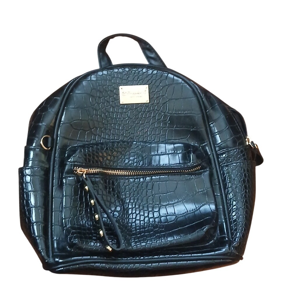 Ihayner‎ Backpack Women Small Black Croc Embossed Studded Faux Leather Gold Tone